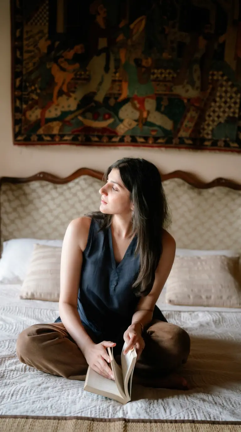 a woman in a navy top reading on a bed beneath a heritage tapestry