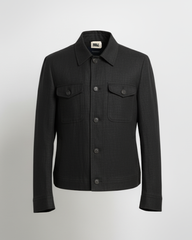 Black linen  jacket mens with button details on a light gray background pakistan South Asian menswear sustainable 