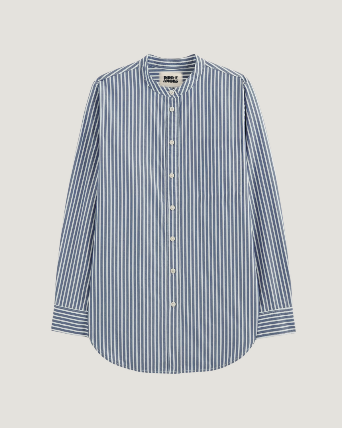 Blue and white striped shirt on a light gray background