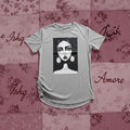 Gray t-shirt with a graphic design on a floral patterned background ishq e amore patch work south asian brand