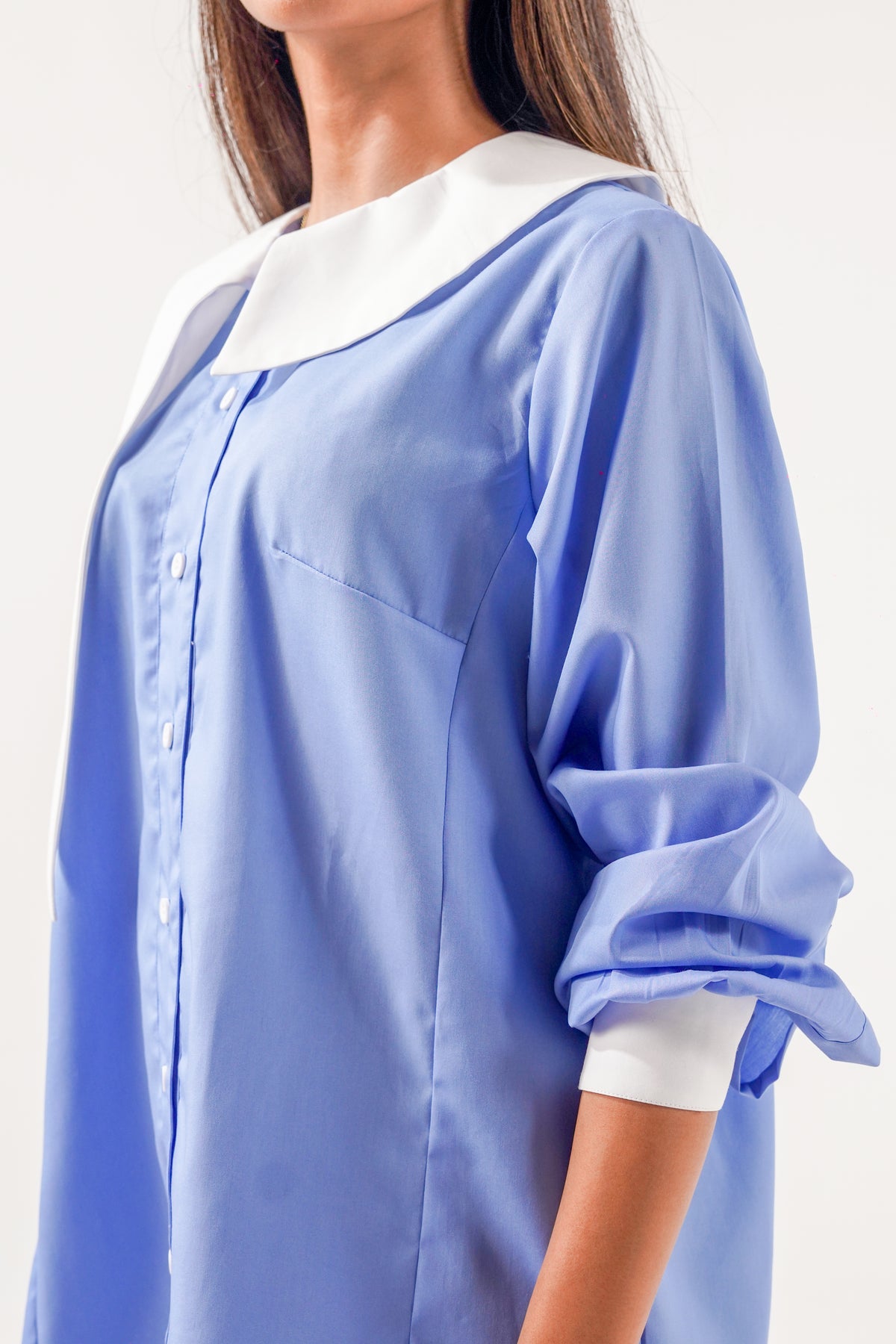 Miss Management Top in Crispy Cloud Blue, oversized cotton shirt by Ishq-e-Amore, blue shirt with white collar