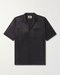 Black satin silk short-sleeve men’s shirt with relaxed camp collar for date nights and evening occasions, pakistan, Australia 